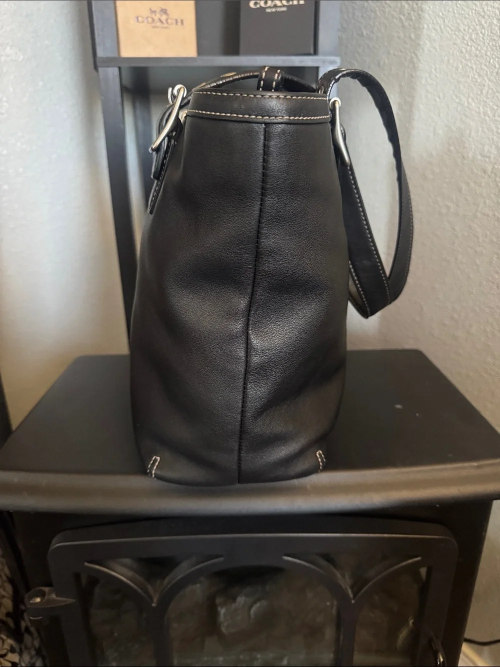 Coach Black Leather Messenger Tote with Contrast Stitching